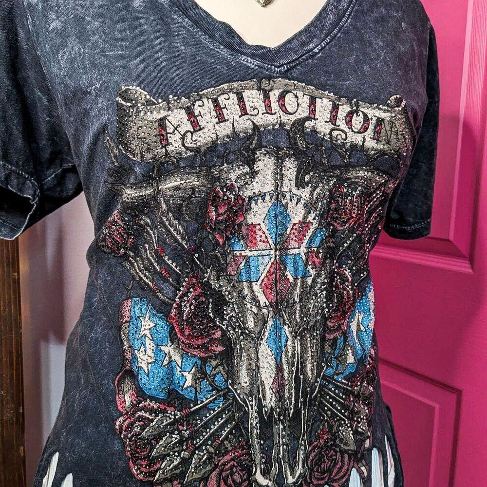 Affliction Women's Black and Grey T-shirt